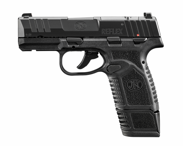 Black handgun with textured grip and reflex sights.