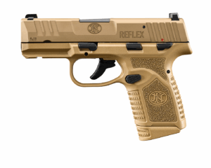 Tan semi-automatic pistol, side view.