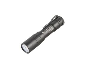 Black tactical flashlight with clip.