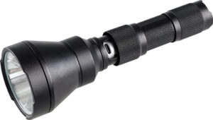 Black tactical flashlight with textured grip