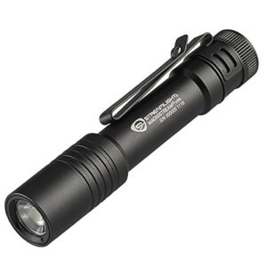 Compact black flashlight with pocket clip.