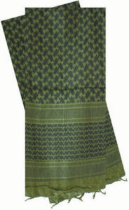 Green and black patterned woven scarf.