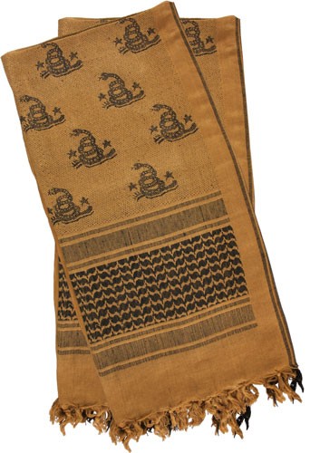 Tan tactical scarf with snake pattern design.