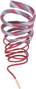 Coiled red and gray shoelaces with metal tip.