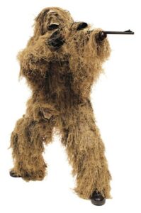 Person in ghillie suit aiming a rifle