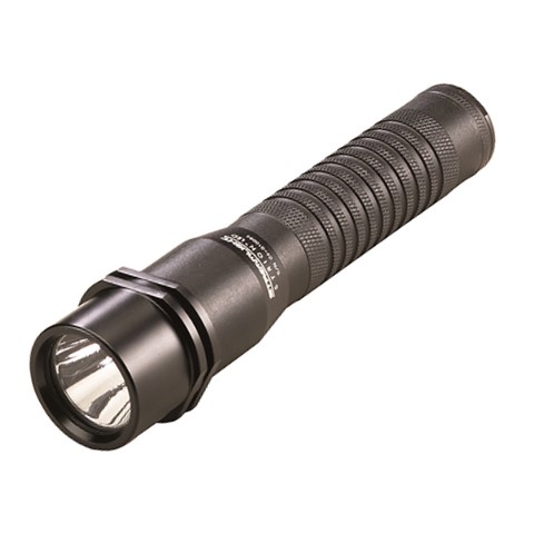 Black tactical flashlight with textured grip