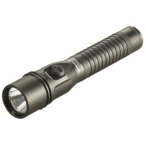 Black LED flashlight with textured grip handle.