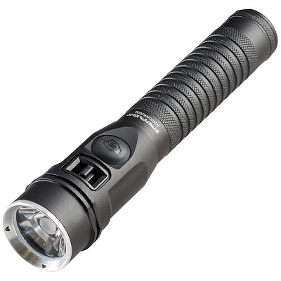 Black flashlight with textured grip and button