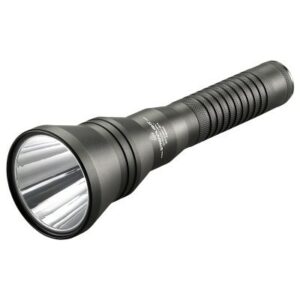 Black tactical flashlight with textured grip handle.