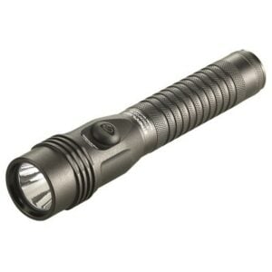 Black tactical flashlight with textured handle.
