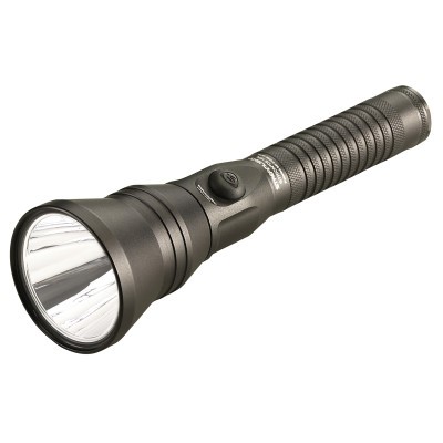 Black handheld flashlight with textured grip