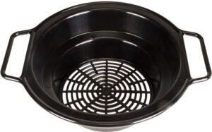 Black plastic round water pan with grid insert.