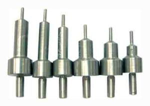 Six varying metal cylindrical tools lined up