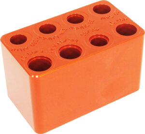 Orange anodized aluminum heating block with eight holes