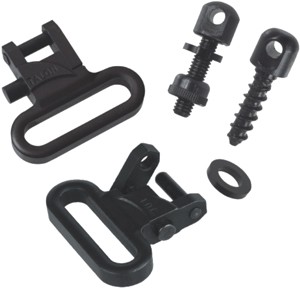 Black sling swivels and screws for firearms.