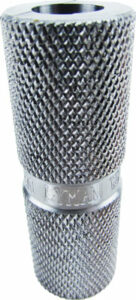 Metal knurled cylinder with engraved band detail.