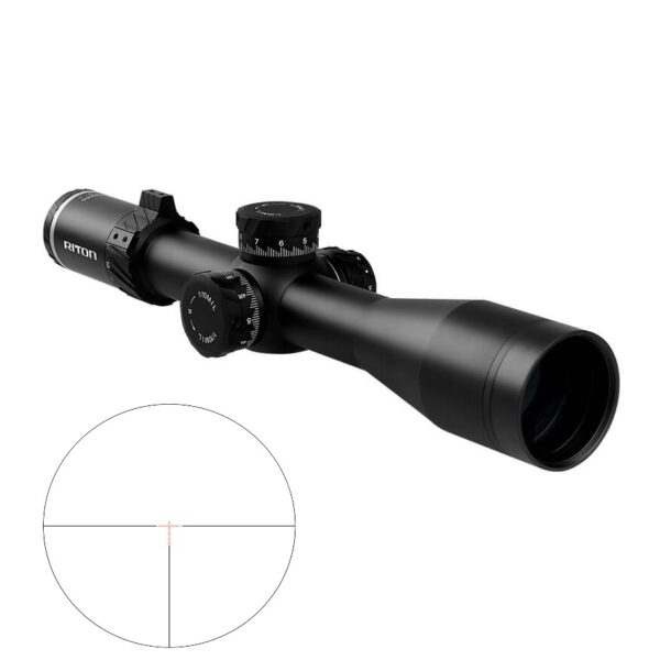 Black rifle scope with crosshair view.