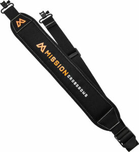 Mission crossbow shoulder strap, black and orange design.