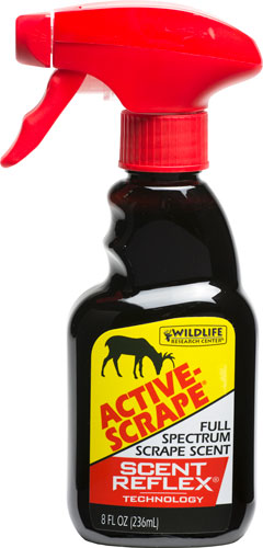 Deer scent spray bottle with red trigger.