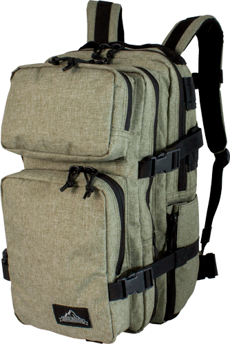 Beige tactical backpack with multiple compartments and straps.
