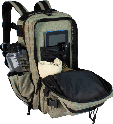 Open backpack with tablet and water bottle