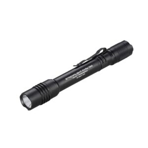 Black tactical flashlight with clip attachment.