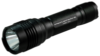 Black LED flashlight with textured grip handle.