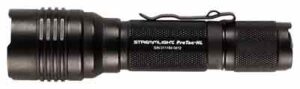 Black tactical flashlight with textured grip and clip.