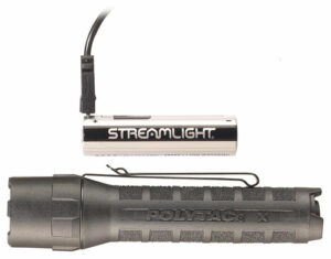 Streamlight flashlight with rechargeable battery and charger.