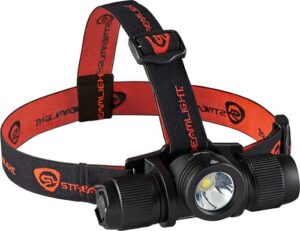 Black and red Streamlight headlamp with adjustable straps.