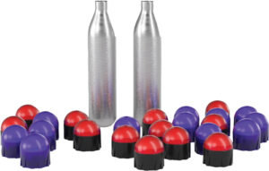 Paintball CO2 canisters with red and purple caps