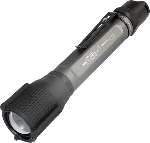 Black flashlight with textured grip and clip.