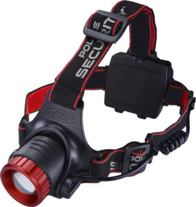 Adjustable headlamp with red and black design.