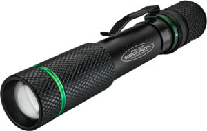 Tactical black flashlight with textured grip and clip.