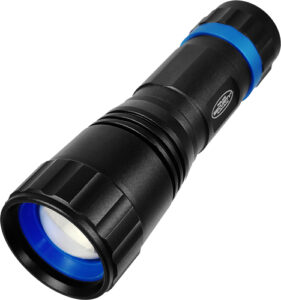 Black and blue waterproof flashlight with LED light