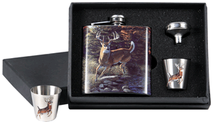 Deer flask set with shot glasses and funnel.
