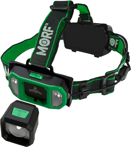 Green LED headlamp with adjustable strap and battery compartment.