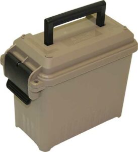 Tan plastic container with black handle and clasp.