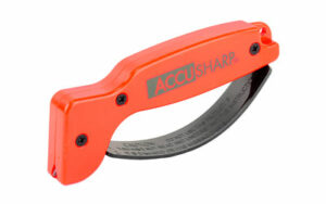 Orange handheld knife sharpener with blade guard