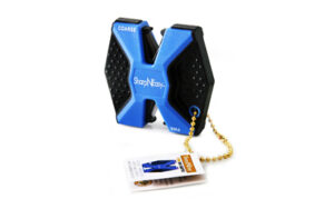 Blue knife sharpener with keychain attachment.