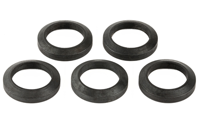 Five black rubber washers arranged in a row.