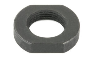 Black hexagonal threaded nut on white background.