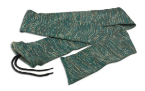 Teal and brown knitted scarf with tie.