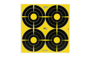 Four black shooting targets on yellow background.