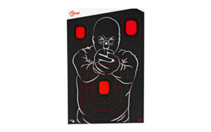 Silhouette shooting target with red scoring zones.