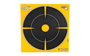 Yellow square target with black bullseye and rings.