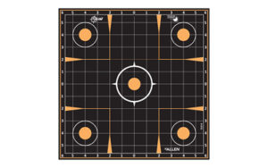 Black and orange grid shooting target.
