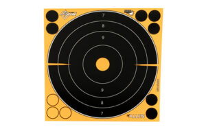 Black shooting target with scoring rings on orange background.