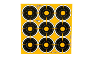 Nine black bullseye targets on yellow background.