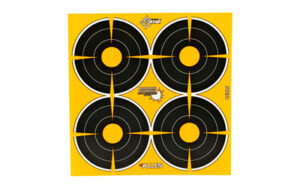 Yellow shooting target with four black bullseyes.